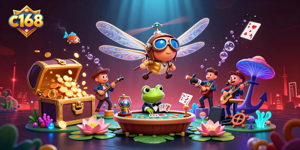 Experience exciting gaming with c168 featuring a dragonfly pilot, frog croupier, and jazz musicians amidst colorful casino elements.