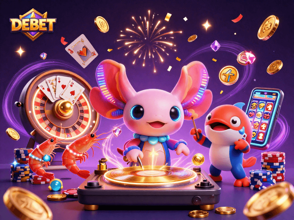 Experience the vibrant energy of DEBET with a neon axolotl DJ spinning and dazzling casino elements.
