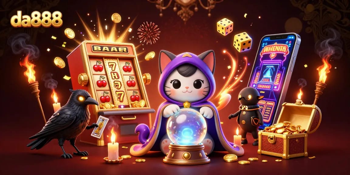 Experience da888's enchanting casino world with a mystic cat, glowing raven, and jackpot thrills.