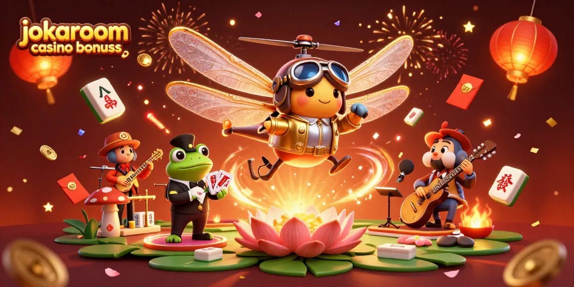Engage with jokaroom casino bonuses in a vibrant 3D gaming scene filled with dynamic characters and festive elements.