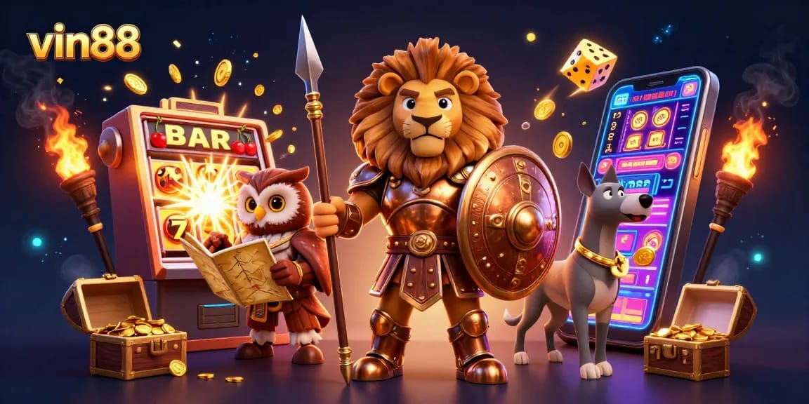 Experience vin88 with an epic 3D casino scene featuring a Spartan lion, owl strategist, and a swift greyhound.