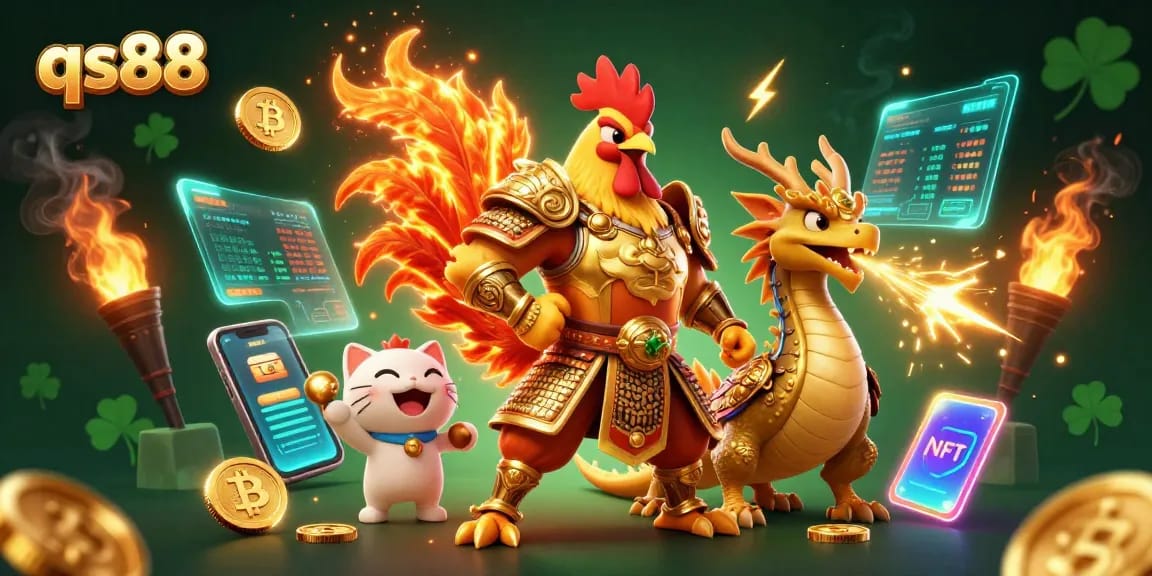 Experience thrilling moments at qs88 with our vibrant 3D illustration of a fighting rooster warrior and dragon!