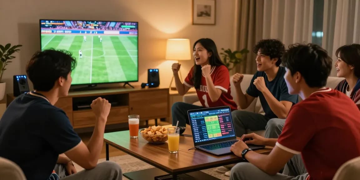 wbc262으로 스포츠 게임을 즐기는 친구들, 라이브 배팅 정보가 담긴 노트북과 팀 유니폼을 입은 사람의 모습