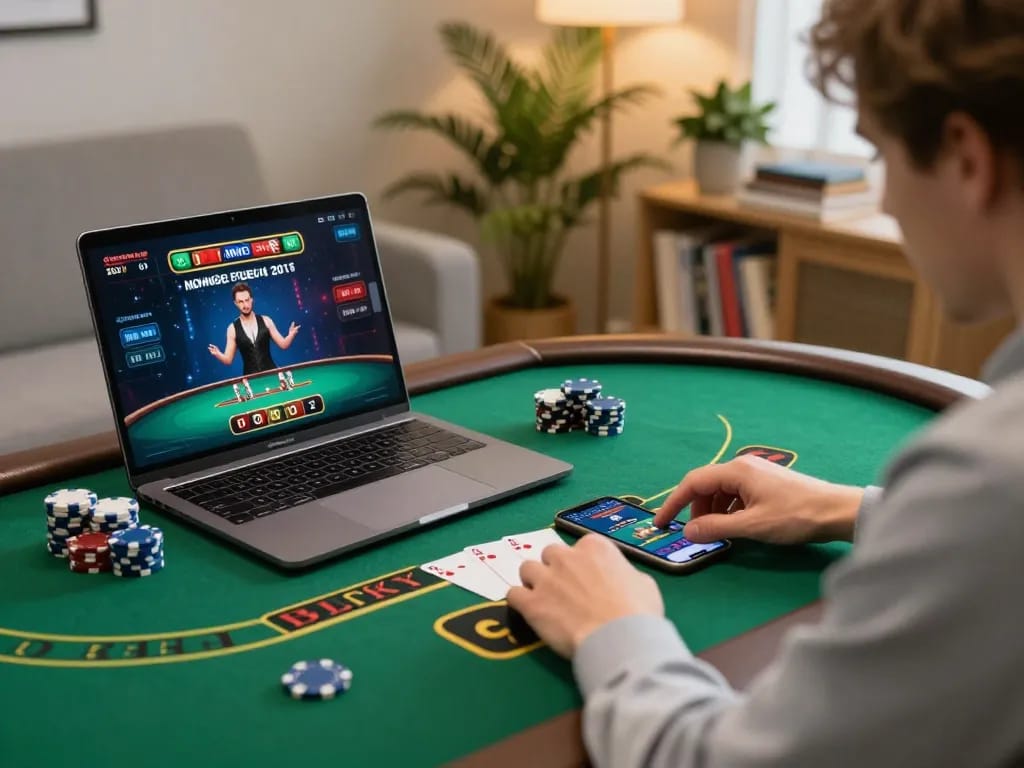 Engaging in blackjack gameplay on laptop for 98win đăng nhập, showcasing strategic betting and responsible gaming.