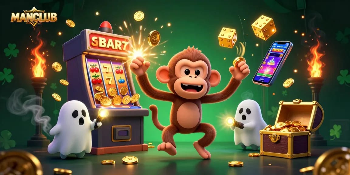 Experience excitement at MANCLUB with a vibrant array of casino elements and characters.
