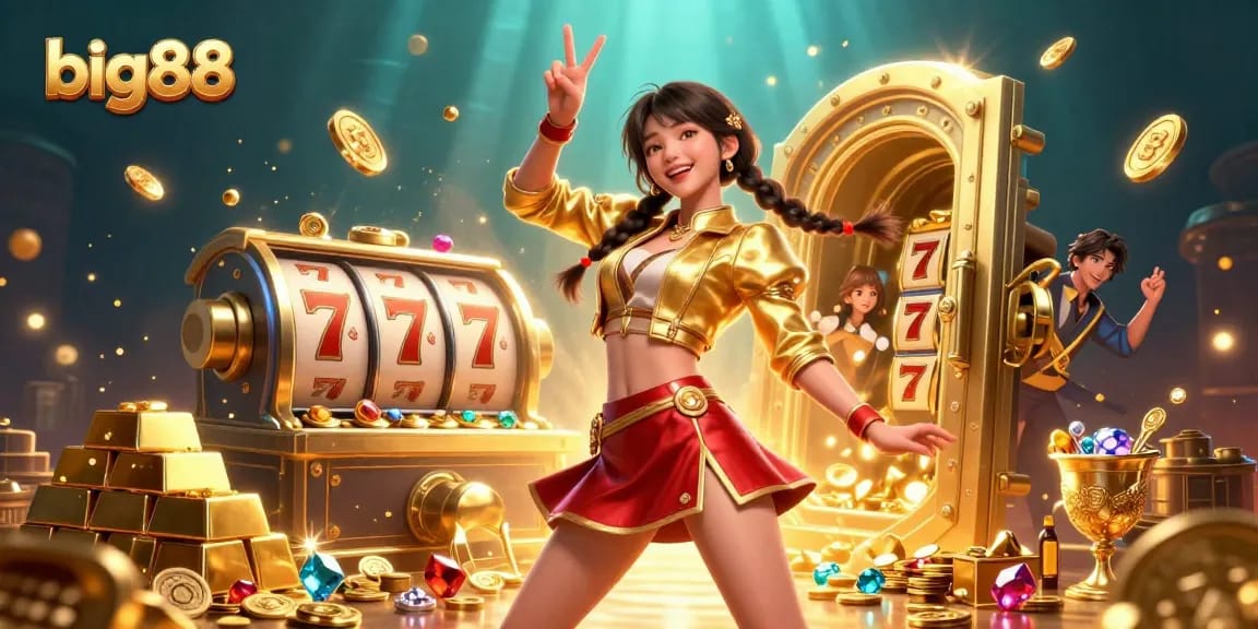 Engage with big88's vibrant slot game scene featuring thrilling reels and a lively character.