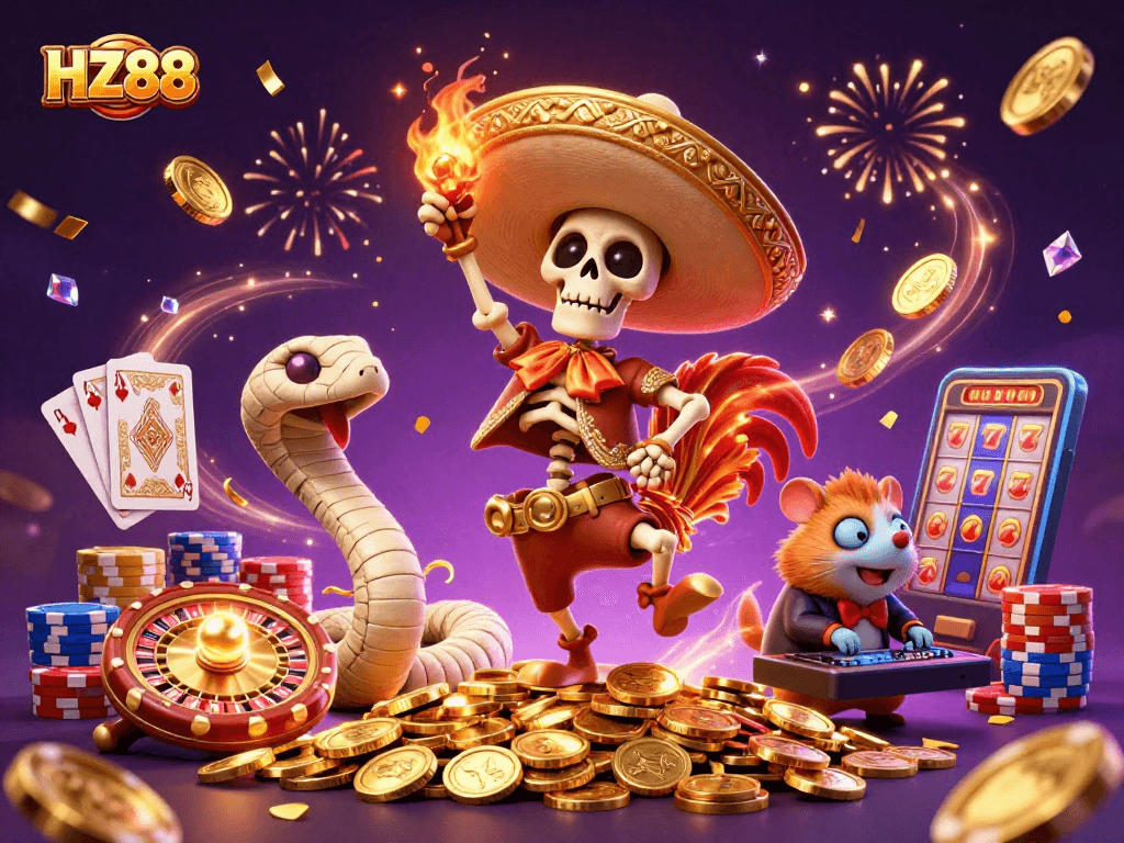 Experience thrilling wins at HZ88 with vibrant characters celebrating over golden coins in a lively casino scene.