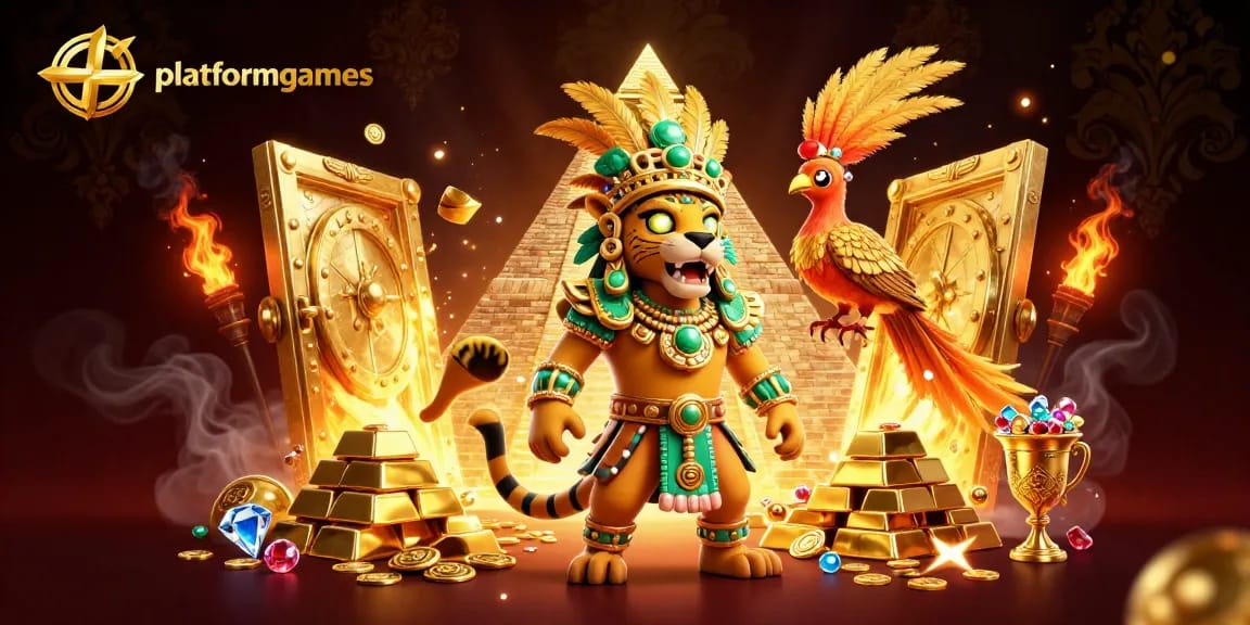 Play thrilling games on platformgames with 3D Mayan jaguar priest surrounded by gold treasures.