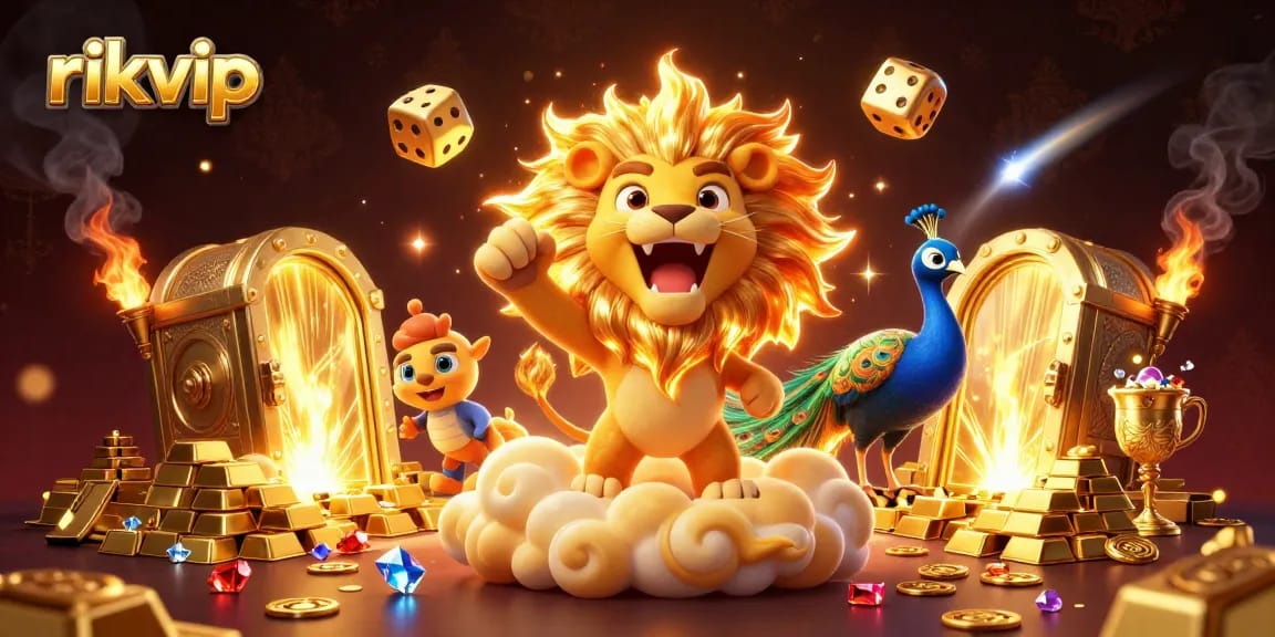 Experience the thrill of playing rikvip as golden dice, treasure, and animated characters create an enticing casino atmosphere.