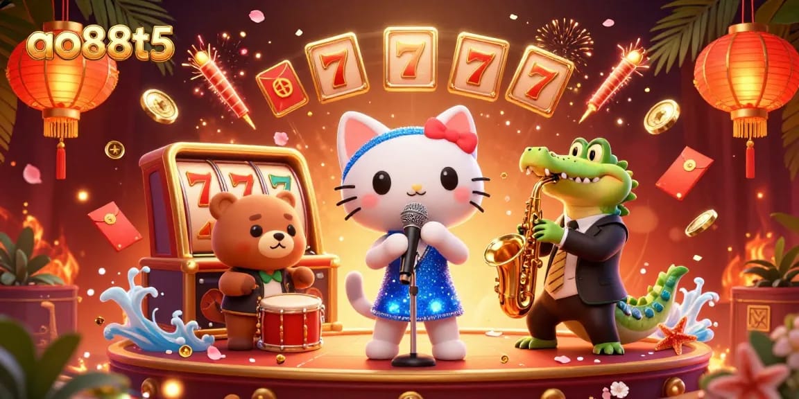 Experience the excitement of ao88t5 with a lively 3D scene featuring playful characters in a vibrant casino atmosphere.