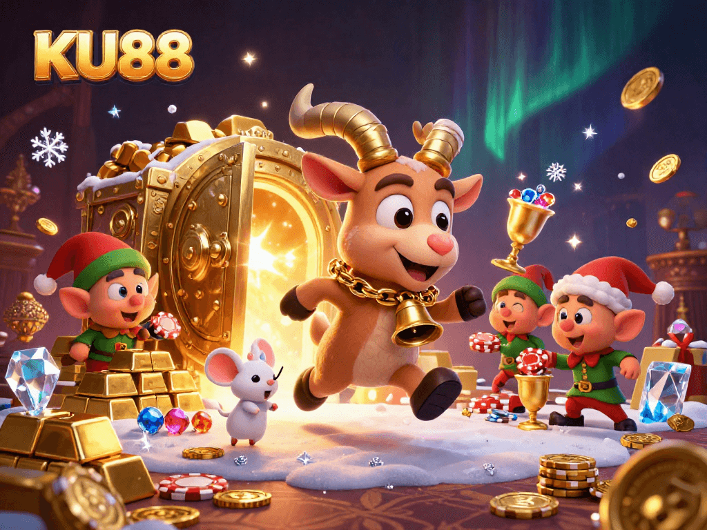 Engage in thrilling casino action at KU88 with a Krampus goat and festive characters.