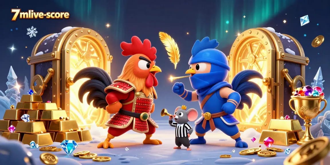 Experience thrilling action with 7mlive-score as cartoon roosters battle amidst treasures in a vibrant casino atmosphere.