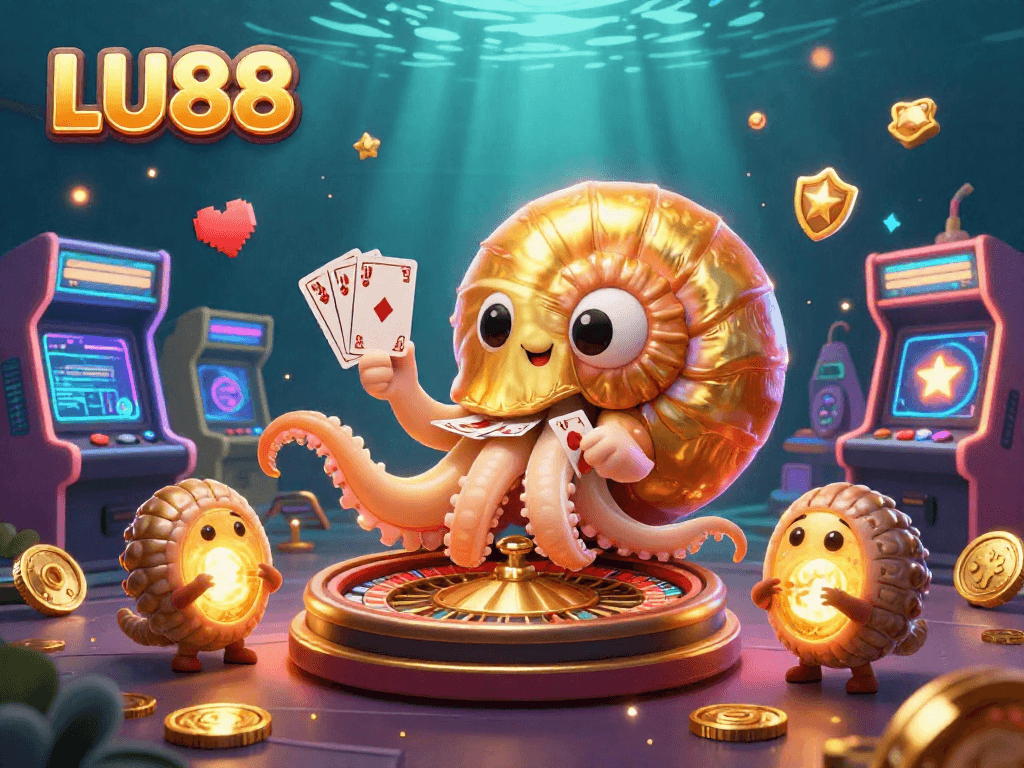 Experience the excitement of LU88 with a vibrant 3D scene featuring gaming elements and a dazzling golden nautilus.