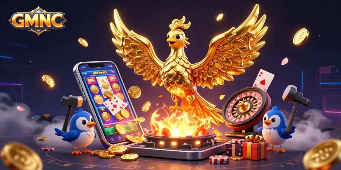 Engage with GMNC's vibrant casino scene featuring a molten gold phoenix and slot game magic.