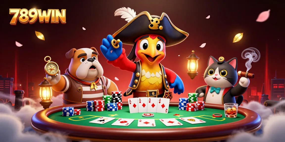 Experience thrilling poker action in 789WIN's vibrant casino scene with animated characters.