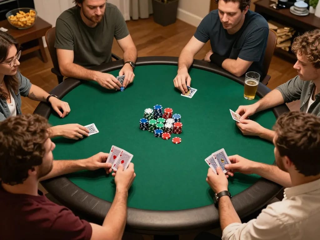 Watch players enjoying competitive poker night at home, showcasing jus77 strategies with vibrant chips and cards.
