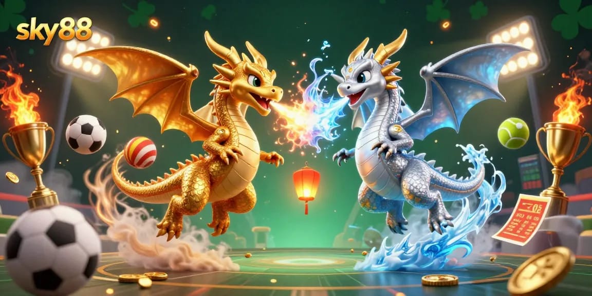 Engage with exciting gaming adventures at sky88 with dynamic 3D dragons, sports elements, and vibrant casino visuals.