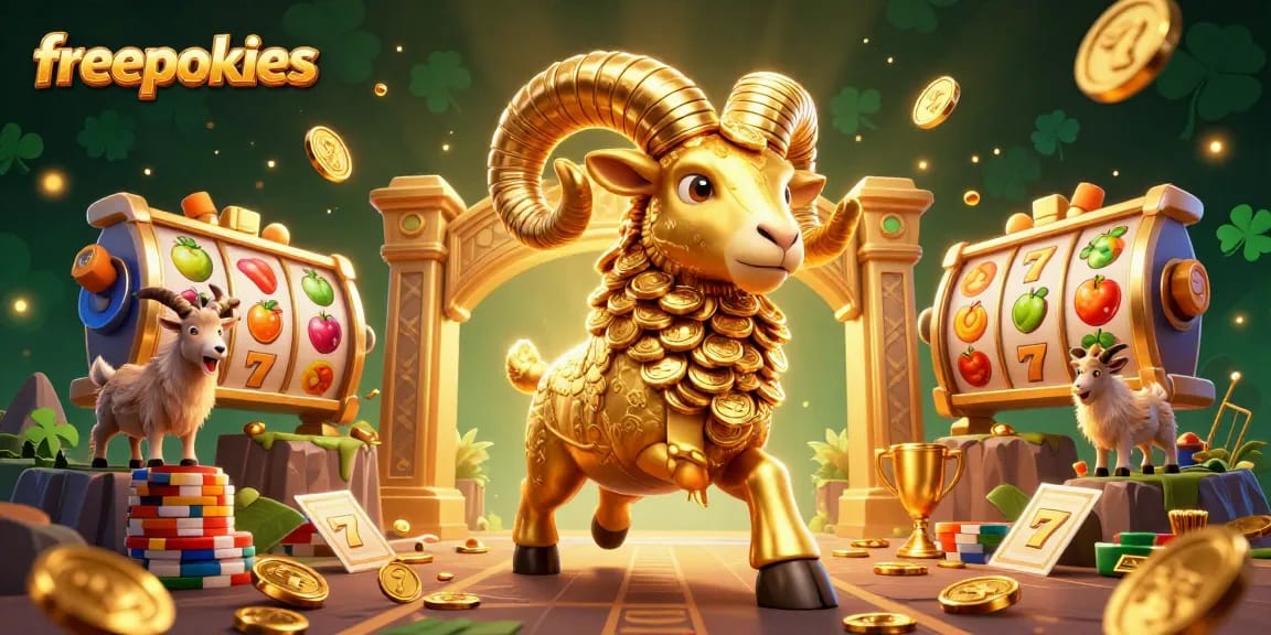 Play freepokies dynamically with golden ram characters and vibrant slot reels in action.