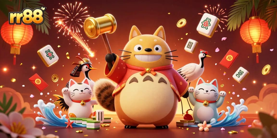 Win big at rr88 with vibrant characters and exciting game elements in a dynamic casino scene.