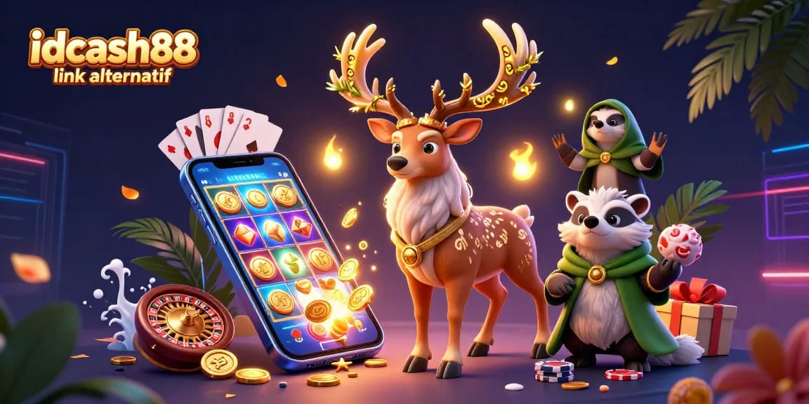 Engage with top games on idcash88 link alternatif, featuring a lively cartoon casino scene with spinning reels and joyous characters.