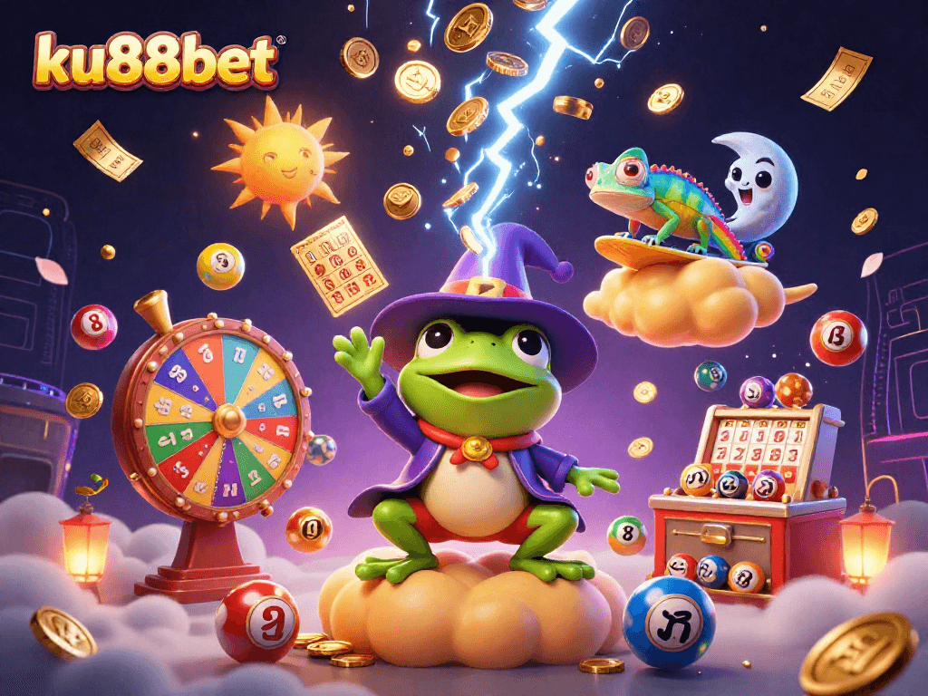 Engage in thrilling lottery gameplay with ku88bet as vibrant characters celebrate a shower of golden coins.