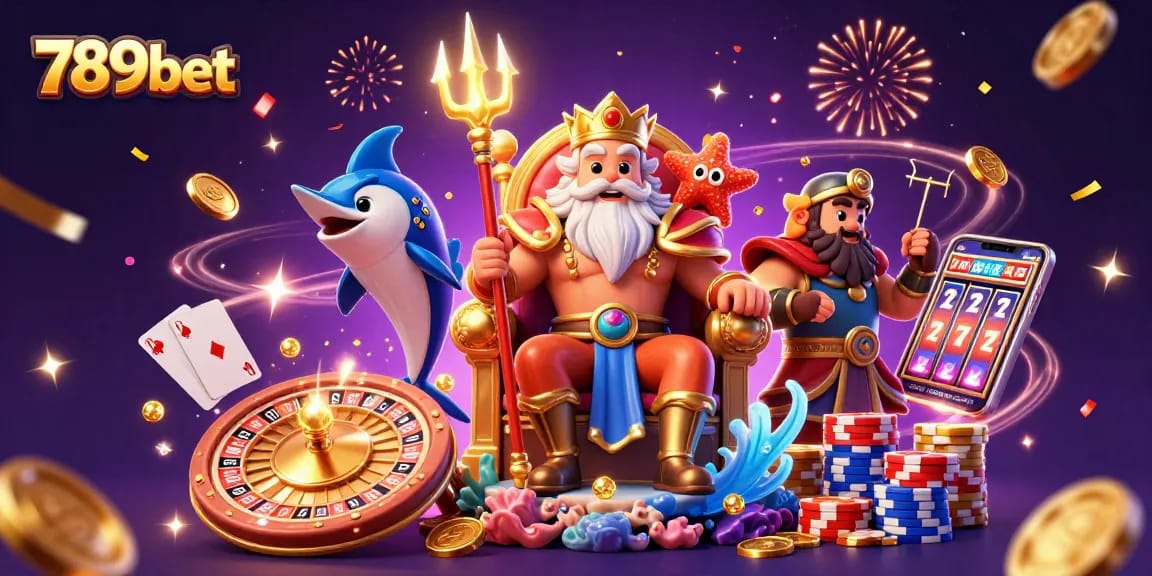 Engage with thrilling 789bet offerings as Neptune presides over a casino celebration scene.