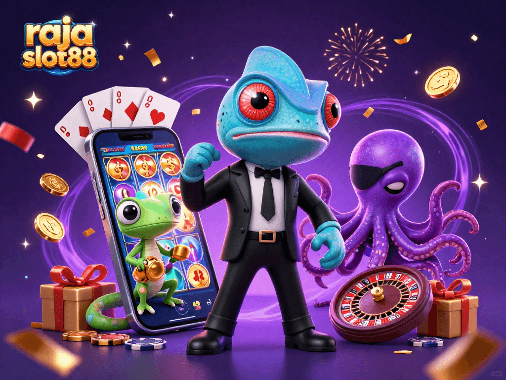 Experience thrilling wins at raja slot88 with a vibrant casino-themed illustration featuring dynamic characters and game elements.