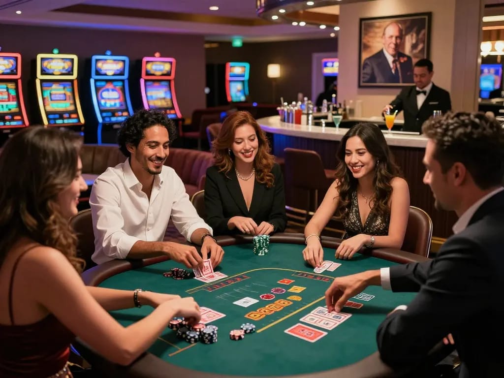 Friends enjoying an exciting night at MM88 casino tables with vibrant atmosphere
