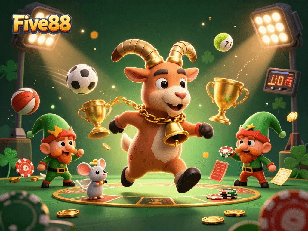 Five88 game innovation showcased through a festive 3D cartoon casino scene filled with action and vibrant elements.