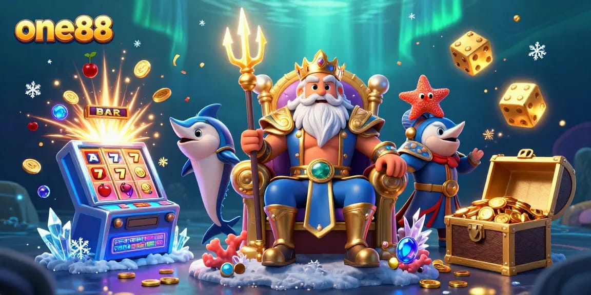Spin the reels for jackpots at one88 casino with Neptune, treasures, and vibrant decor.