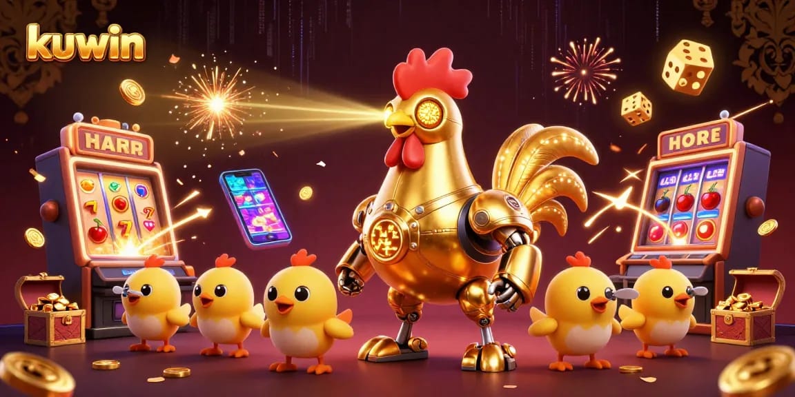 Kuwin players winning on vibrant slot machines while interacting with futuristic characters and rich casino elements