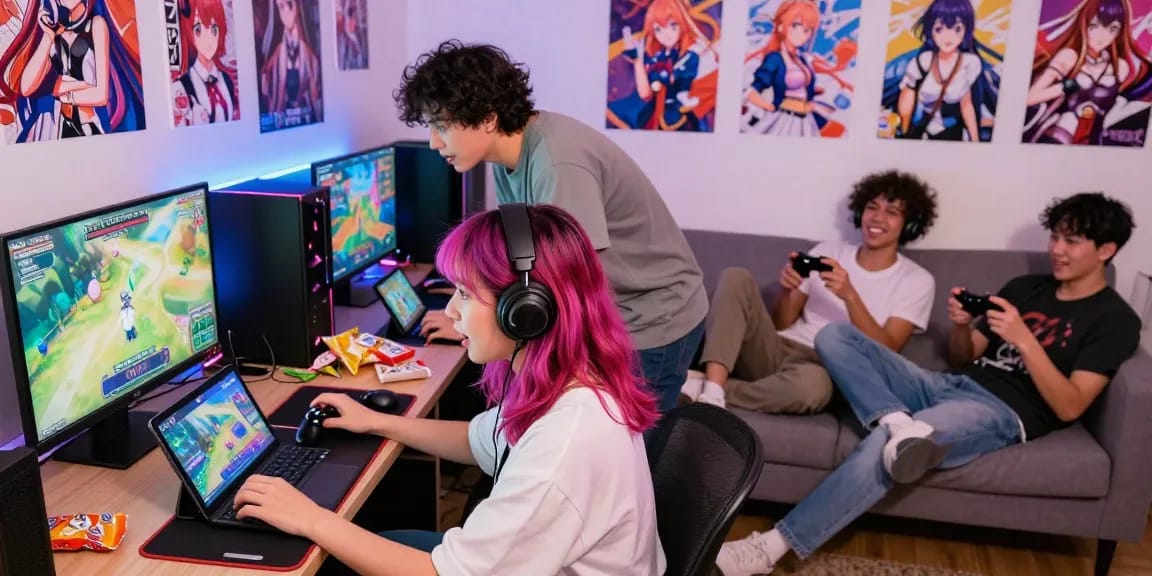 Players enjoying free hentai games on various devices in a vibrant gaming room.