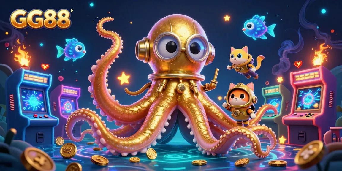 Experience the magic of GG88 as a kraken and diving cat invite you to a treasure-filled ocean of gaming fun.