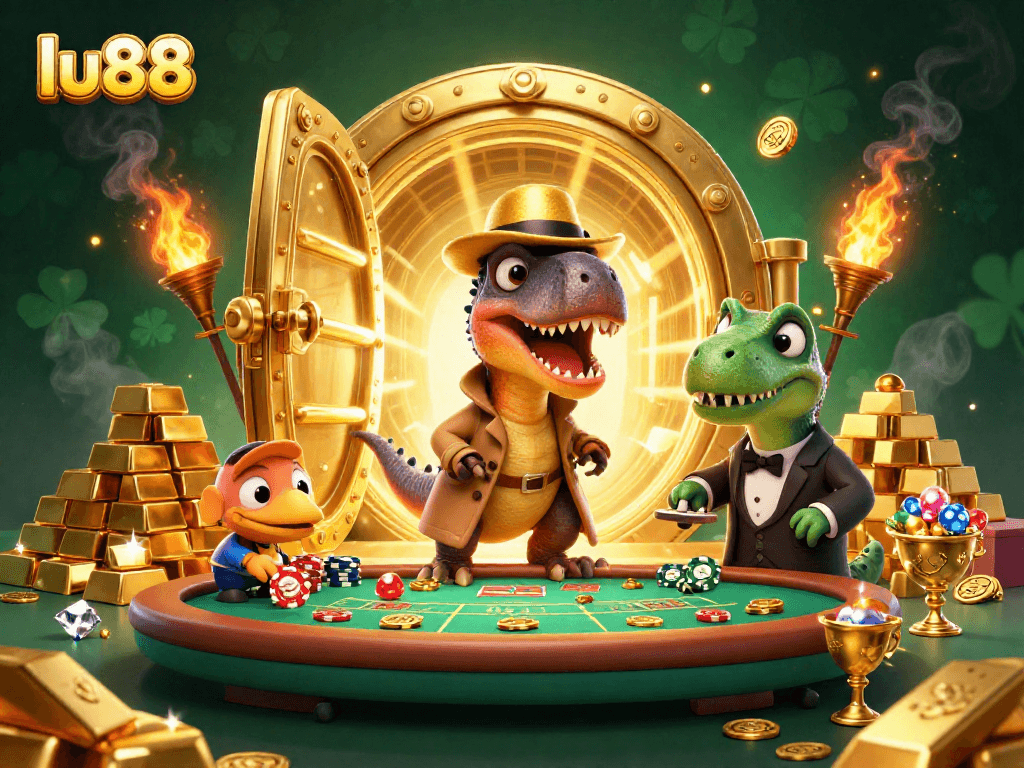Experience thrilling gaming at lu88 with a cartoon velociraptor at a blackjack table, surrounded by treasures.