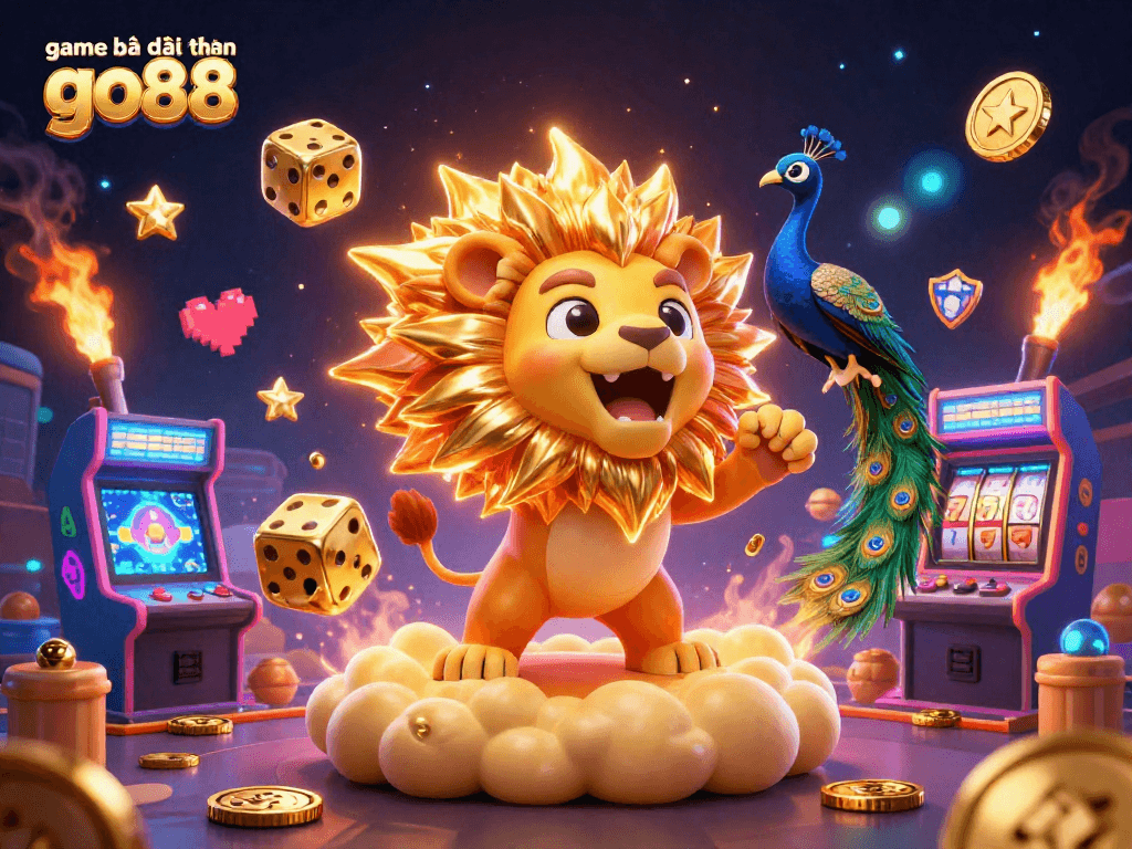 Experience the thrill of game bài đổi thưởng go88 with a vivid 3D casino scene featuring roaring characters and dynamic gambling elements.