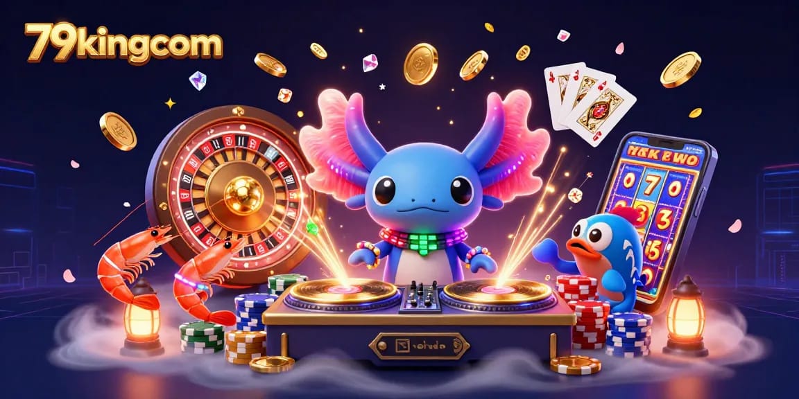 Experience the excitement of 79kingcom with lively characters set in a vibrant casino illustration.