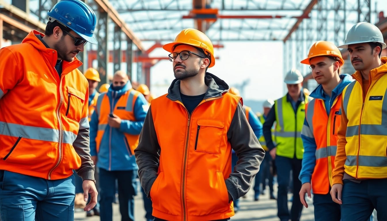 Professionals using diadora abbigliamento lavoro in a dynamic workspace, illustrating comfort and durability.