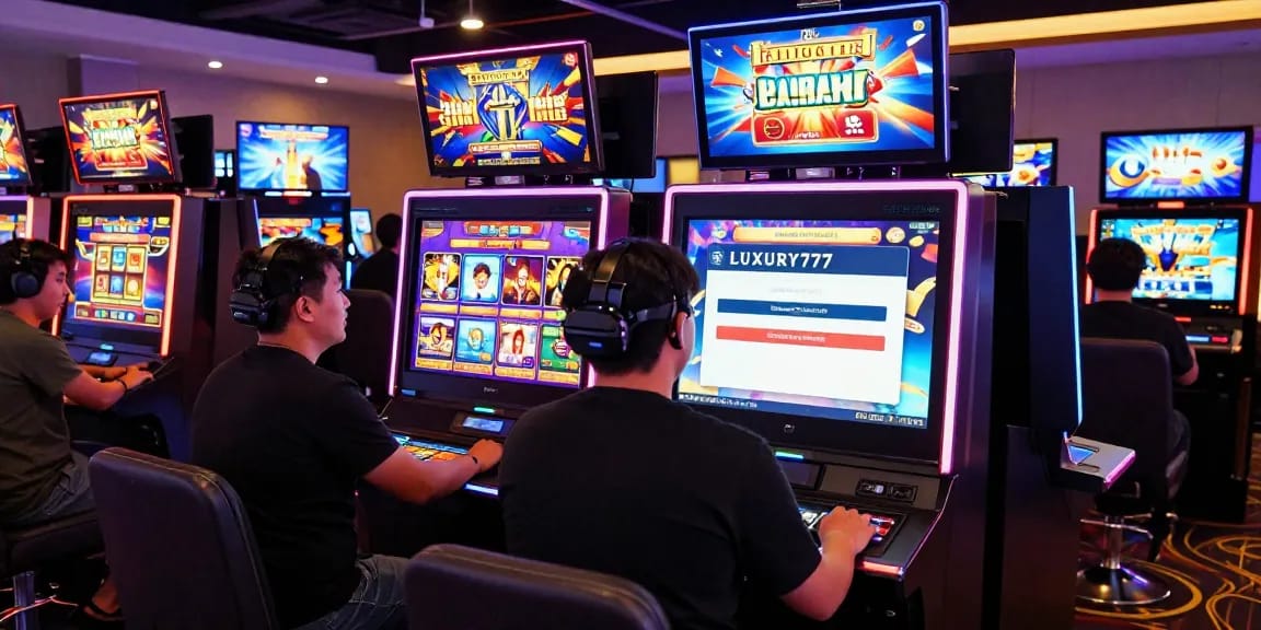 LUXURY777 Daftar pengunjung terlibat di kasino digital modern dengan layar cerah dan mesin slot interaktif.