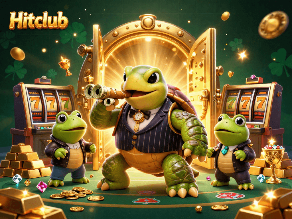 Experience thrilling slots action at Hitclub with a snapping turtle mobster and bullfrog enforcers in a lavish casino.