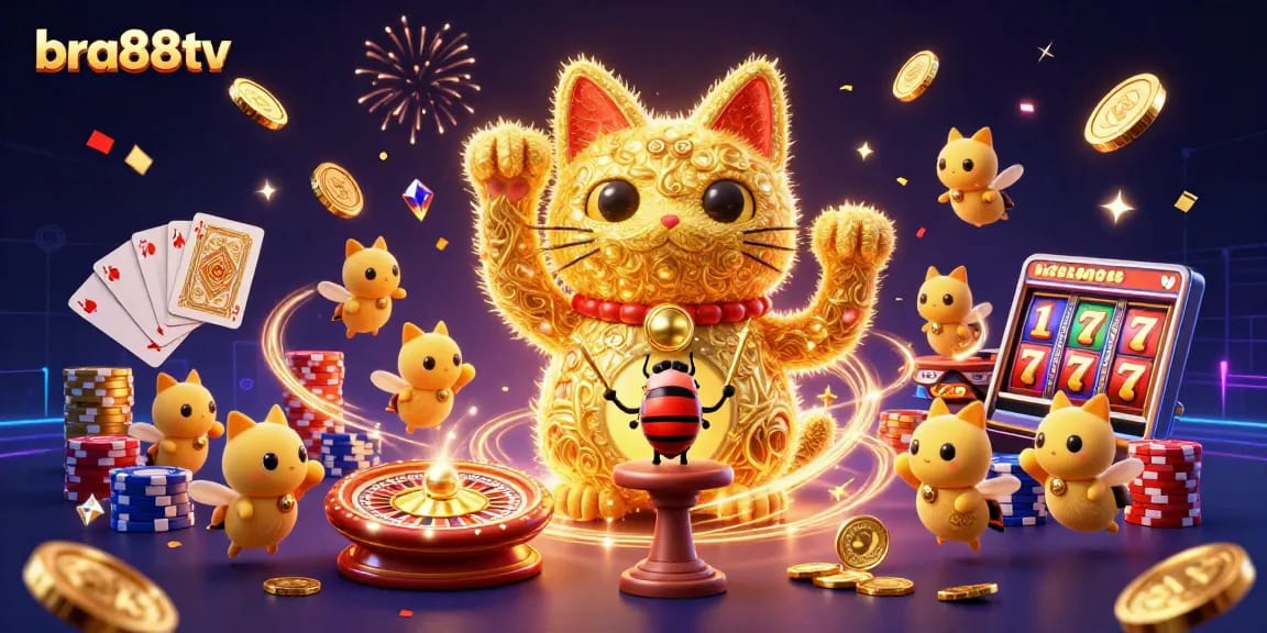 Experience thrilling gameplay with bra88tv's vibrant lucky cat casino illustration featuring dynamic symbols and energy.