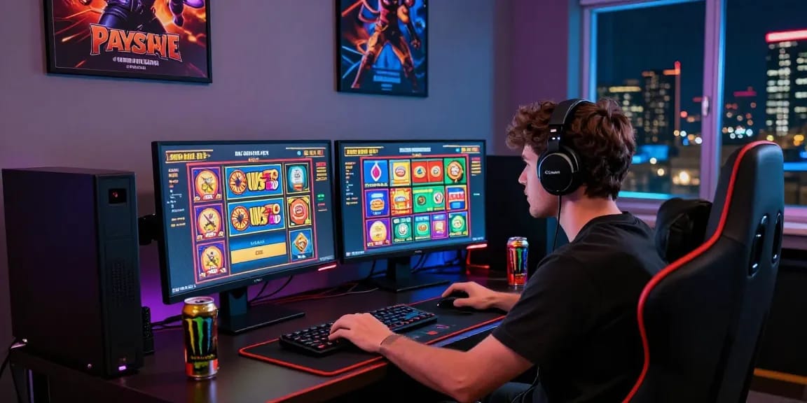 Spieler genießt ein fesselndes Erlebnis in einem Paysafe Card Casino, umgeben von Gaming-Ausrüstung und lebendiger Dekoration.