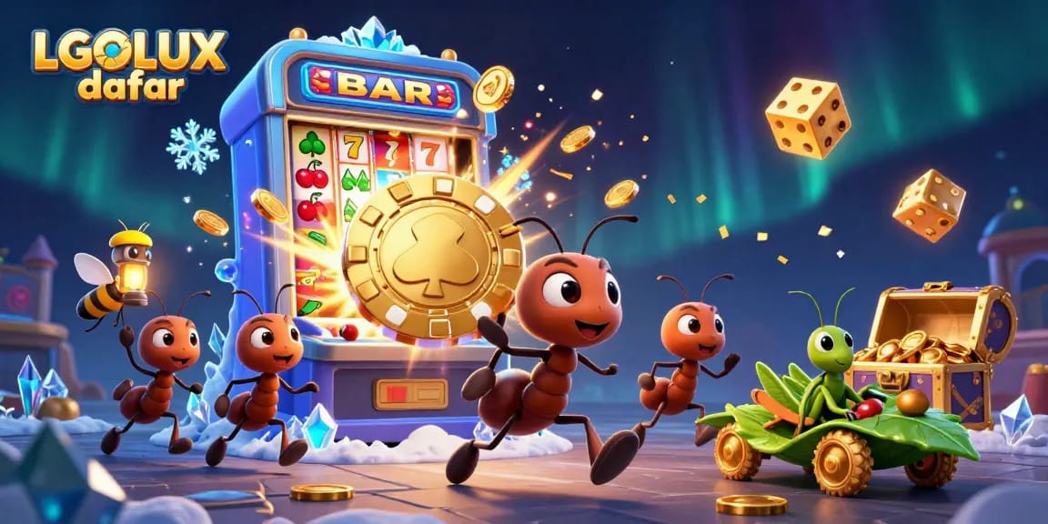 Experience thrilling wins with LGOLUX daftar as ants carry a giant poker chip through a vibrant casino world.