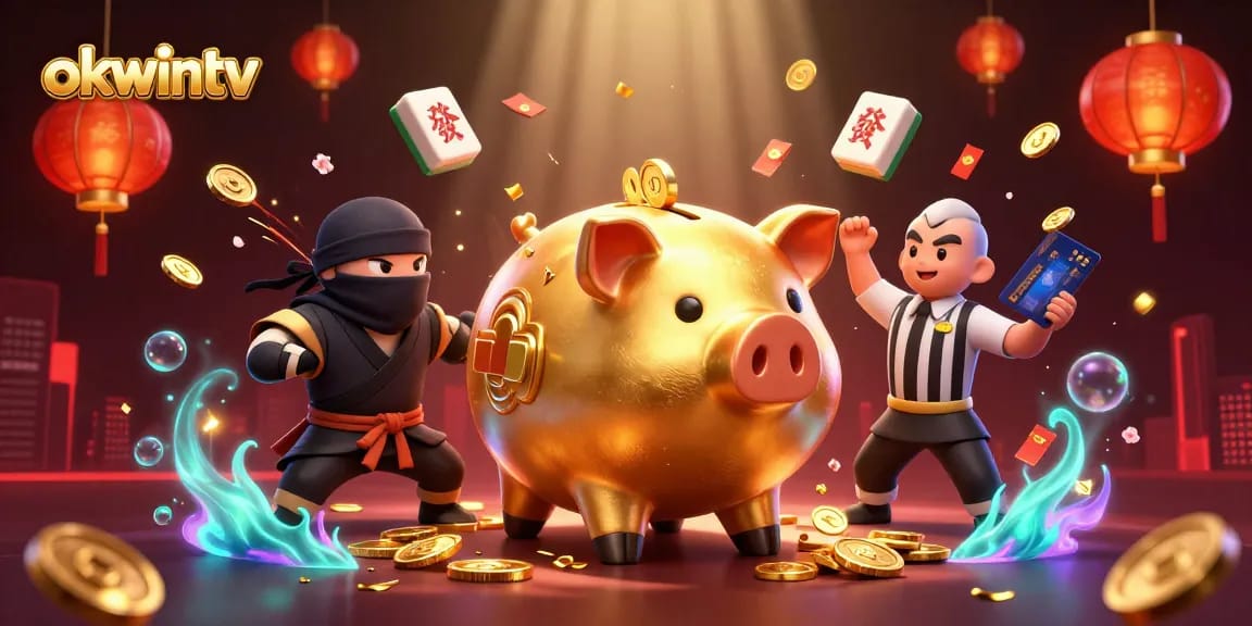 Experience thrilling play at Okwintv, with an engaging 3D illustration showcasing a piggy bank sumo wrestler and dynamic gambling elements.