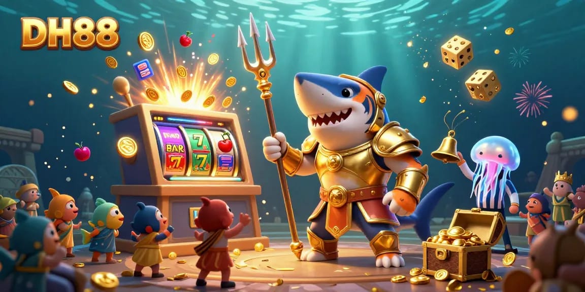 Experience the excitement of DH88 with a vibrant underwater casino scene featuring a tiger shark and games.