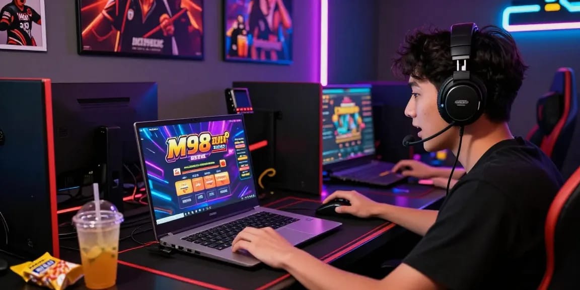 Excited player enjoying M98 ล๊อตเว็บตรง 2026 online gaming on a laptop in a vibrant setup with ambient lighting.