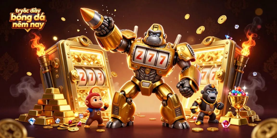 Experience trực tiếp bóng đá đêm nay with dynamic golden mech action and vibrant gambling elements.