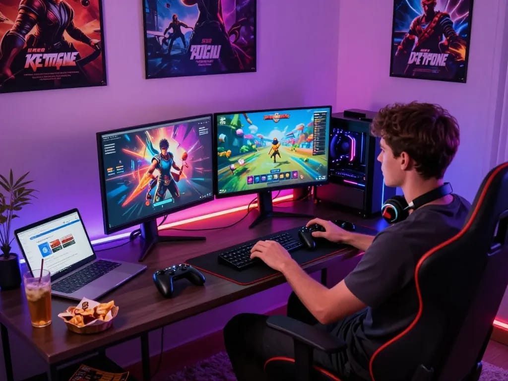 Engaging scene of a young adult enjoying game sex on a high-res monitor in a cozy gaming setup.