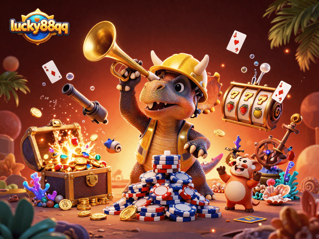 Experience the excitement of lucky88qq as a triceratops builds a poker chip pyramid amid celebrating dinosaurs.