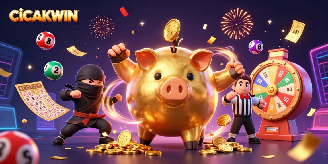 CICAKWIN offers dynamic slot gaming excitement with gold coins and vibrant elements in a lively scene.