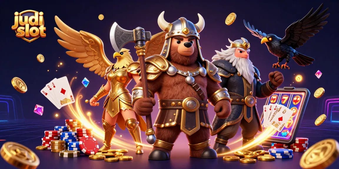Engage with judi slot on dynamic scene featuring Viking bear and Valkyrie eagle amidst cascading coins.